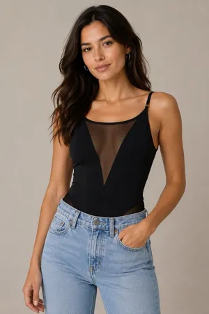 Les Coquines Black Mesh Bodysuit Womens Small Sheer Deep V Sleeveless thumbnail 1