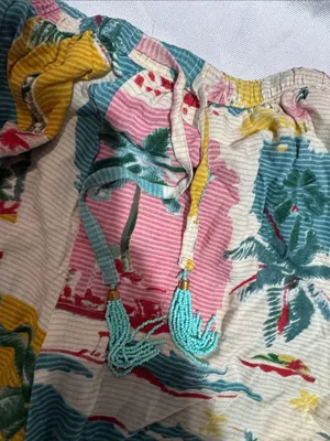 Tropical Print Elastic-Waist Casual Pants - Teal, Yellow & Pink thumbnail 4