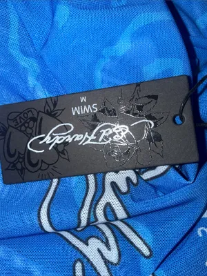NWT Ed Hardy Swim Blue Flared Bell Bottom Pants Rose Tattoo Print Y2K Medium thumbnail 8