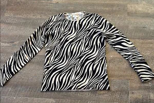 J. Crew Teddie Black Tan Animal Print Zebra Long Sleeve Sweater Top‎ Small thumbnail 1