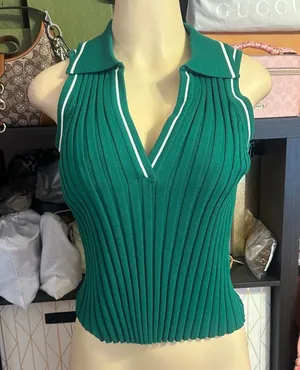 Primark Teal Ribbed Crop Top with White Trim thumbnail 1