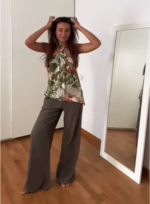 Zara Dark Olive Green Textured Loose Flowy Flare Pants Drawstring Boho Trousers thumbnail 3