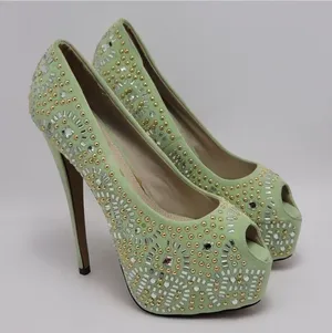 Kiss Kouture Celine Light Mint Green Peep Toe Beaded Platform Heels Size 8.5 thumbnail 1