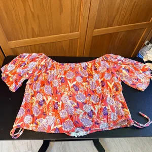 Miss Me Floral Boho Top Large Orange White Crochet Flutter Sleeve Crop Summer thumbnail 8
