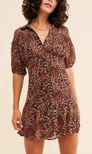 Free People Bonnie Mini Dress Floral short‎ sleeve buttons sheer thumbnail 1
