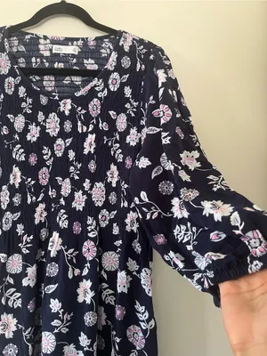 Croft & Barrow Navy Blue Lavender Floral Smocked Square Neck Peasant Midi Dress XL Cottagecore thumbnail 3