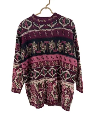 Express Tricot vintage 90s Women's floral Sweater Plum Pink M oversized retro thumbnail 1