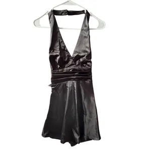 NWT Lulus‎ Darcey Tie Back Mini Dress Black Satin Halter Open Back Skater Medium thumbnail 6