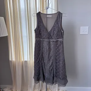 Vintage Cream Lace Midi Dress 34 Gray Sequin Ruffle Y2K Preppy Coquette Cottage thumbnail 5