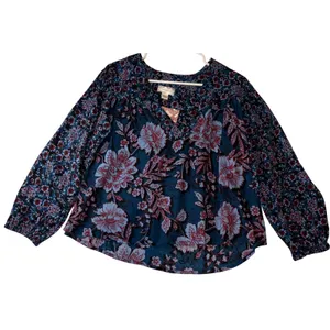 Band of the Free Blue Red Floral V-Neck Long Sleeve Blouse Small NWT thumbnail 4
