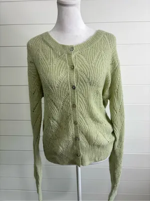 Crescent Wool Mohair Blend Saga Green Open Knit Cardigan Sweater Button Front thumbnail 2