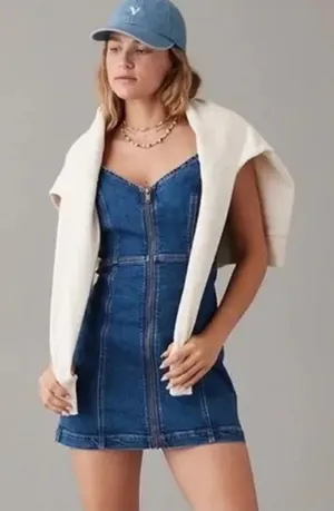 American Eagle Denim Stretch Mini Dress Zip Front Womens M Preppy Western Casual thumbnail 1