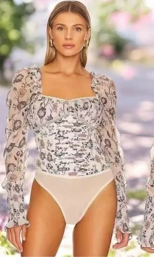 Free People Brunch Date Bodysuit Sheer Floral Coquette Milk Maid Feminine S thumbnail 1