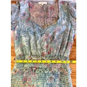 LoveShackFancy Floral Smocked Waist Tiered Midi Dress Sage Green XS thumbnail 8