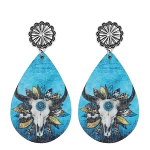 Handmade Wooden double sided western‎ style retro bullhead waterdrop dangle earrings thumbnail 11