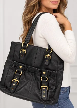 Vince Camuto Large Soft Leather Black Tote Bag Buckle Purse GREAT For Laptop thumbnail 1