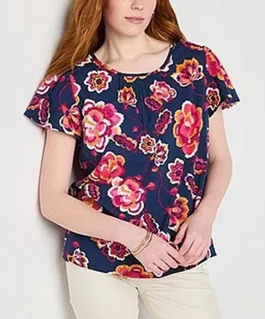 NWT St. John's Bay Womens Navy Floral Crew Neck Short Sleeve Blouse Size Large‎ thumbnail 1