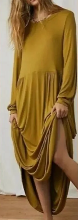 Free People Beach Gold Mustard Long Sleeve Maxi Dress - Casual Draped Hem thumbnail 1