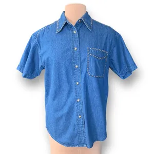 Vintage Studded Denim Western Shirt Medium Blue 90s Boho Festival‎ Cowgirl Top thumbnail 12