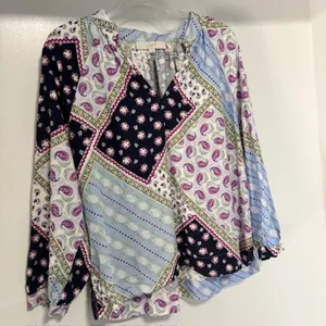 LOFT Womens L Linen Blend Patchwork Paisley Blouse Boho 3/4 Raglan Sleeve Top thumbnail 3