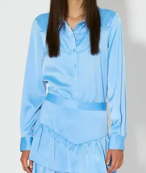 Something New Women's Long Sleeve Button-Up Satin Shirt Blue Size M Western thumbnail 1