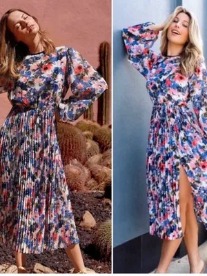 Misa Los Angeles Juliana Pleated Midi Dress In Tie Dye Floral New Size XS thumbnail 4