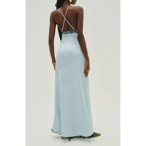 FOR LOVE & LEMONS Mariella Lace Trim Satin Maxi Dress in Blue Size XL thumbnail 11