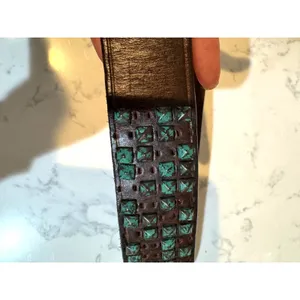 Vintage Brown leather metal turquoise patina studded belt size 34-38” western thumbnail 10