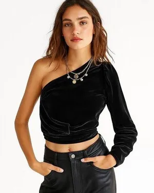 FREE PEOPLE Tell Me About It Top Black Velvet One Shoulder Size XS FEMININE thumbnail 1