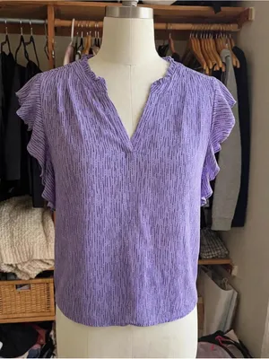 Liz Claiborne Lavender Purple Black Dash-Dot Ruffle Blouse - Size Large thumbnail 3