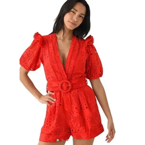 NEW Farm Rio Eyelet Beaded Belt Romper Red Short Sleve Broderie anglaise cotton thumbnail 2