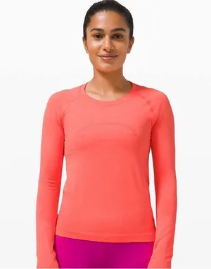 Lululemon Swiftly Tech Long Sleeve Shirt 2.0 Race Length neon orange 6 thumbnail 1