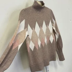 Rachel Zoe Women's Argyle Mock Neck Sweater Diamond Pattern Taupe Pink Cream Med thumbnail 5