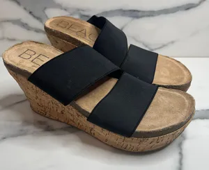 Beach by Matisse Wmns Black Strap Cork Wedge Bare All Sandals Sz 8 Beachy Resort thumbnail 1