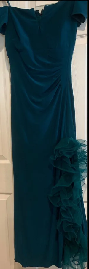 Xscape Off-The-Shoulder Ruched hunter green Gown with Custom Ruffle Detail 8 thumbnail 8