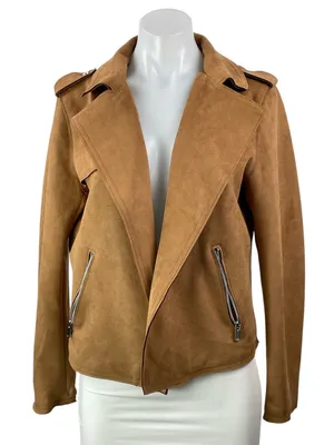 Tahari Women's Cognac Brown Faux Leather Vegan Cropped Moto Coat Jacket Size M thumbnail 1