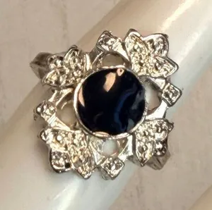 Silver Tone Black Cabochon Floral Statement Ring Silver thumbnail 1