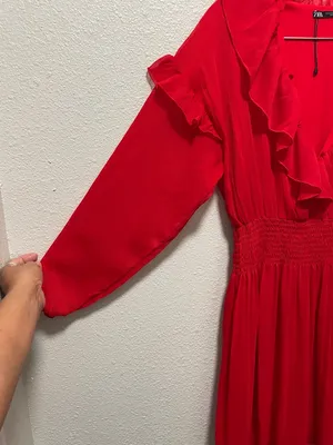 Zara Bright Red Ruffle V-Neck Long Sleeve Dress thumbnail 2
