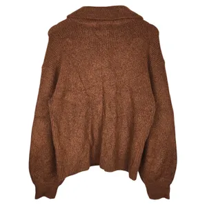 Marled True Auburn Balloon Sleeve Fold Over Collar Button Neck Sweater Small thumbnail 3