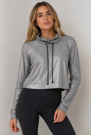 Koral Silver‎ Metallic Funnel Neck Crop Top Womens Small Athleisure Pullover thumbnail 1