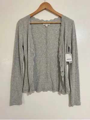 NWT Free people Big Love Ribbed Cardigan Elegant Grey Lace-Trimmed Medium thumbnail 8