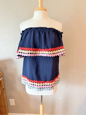 Entro Navy Off Shoulder Ruffle Top Small Colorful Embroidered Trim thumbnail 2