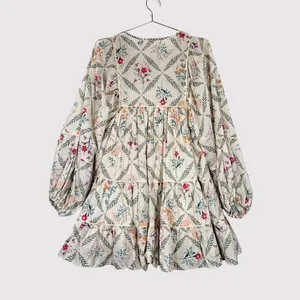 Talulah Mini Dress Beige Floral Smocked Tiered Flowy Peasant Boho Babydoll Small thumbnail 3