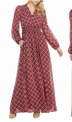 Gal meets glam Robyn maroon plaid long sleeve maxi dress size 0 thumbnail 1