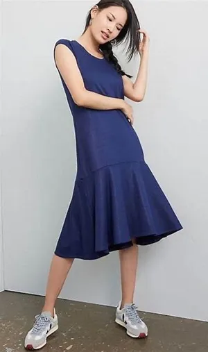 Maeve Anthropologie Ismene Navy Blue Metallic Cap Sleeve Drop Waist Midi Dress L thumbnail 1
