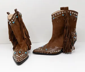NEW Azalea Wang Anorak Faux Vegan Suede Fringe Embellished Western Booties Brown thumbnail 1
