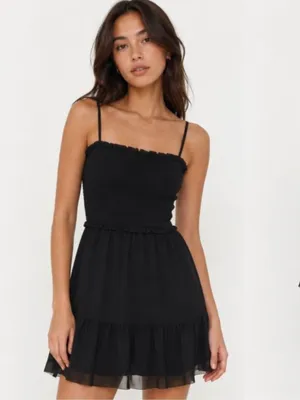 Aritzia Wilfred Tempest Sleeveless Mini Dress Smocked Black Large NWT thumbnail 4