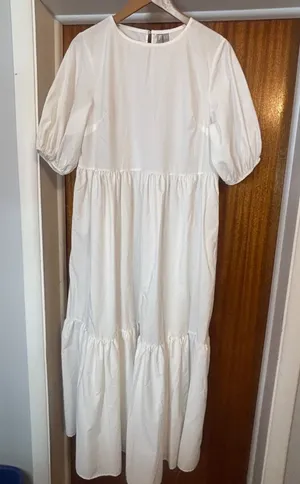 ASOS White Cotton Blend Tiered Smock Midi Dress Puff Sleeve US 8 F102585 thumbnail 1