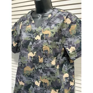 Dickies Scrub‎ Top Camo/Camel Green/Tan Print Short Sleeve V Neck Pockets Size M thumbnail 2