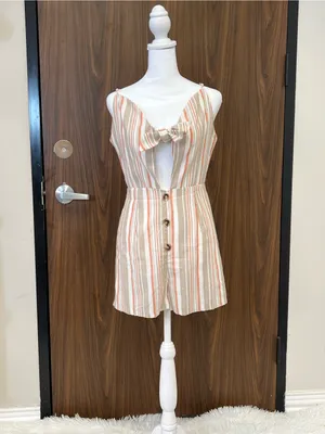 Cupshe Cream and Rust Striped Tie-Front Romper thumbnail 4